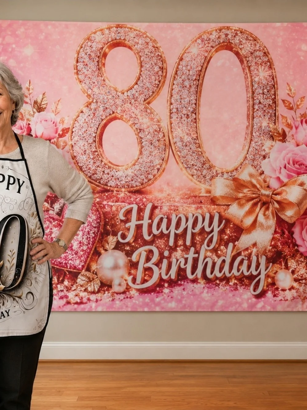 80th Birthday Pink Floral Banner & Apron Set - Happy Birthday